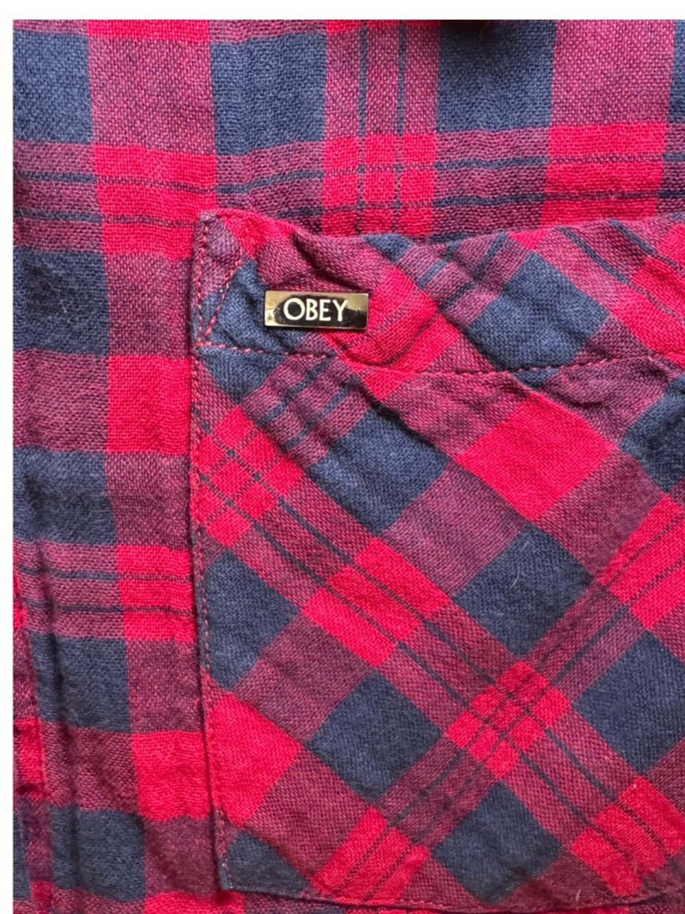 Obey Plaid Button Down Shirt Red Black Fitted Cotton Women’s Large - Picture 5 of 6